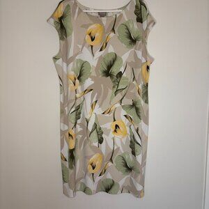 CHICO's Tropical Dress Womens L Tan Green Sleeveless Flowy Beach Stretch
